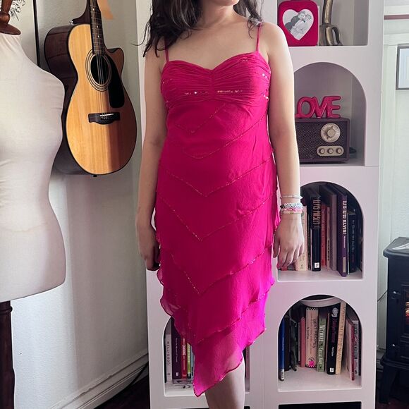 Vintage Sue Wong Pink Ruffle Beaded Silk Midi Dress Sz 8 90s Y2K Fairy Evening - Picture 1 of 10